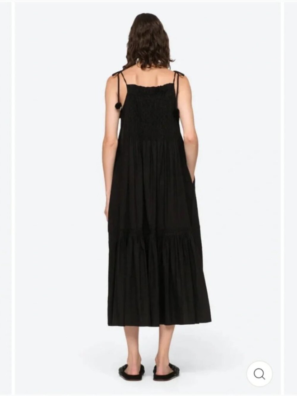 Sea New York | Willa Smocked Midi Dress Tie Strap Pom Pom Black Size M - Picture 11 of 11